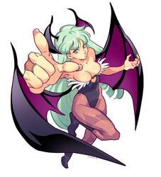  amachu_a bat_wings breasts brown_pantyhose cleavage clothing_cutout commentary female foreshortening full_body green_eyes green_hair head_wings heart_cutout highleg highleg_leotard highres leotard long_hair medium_breasts morrigan_aensland pantyhose pointing pointing_at_viewer solo strapless strapless_leotard vampire_(game) very_long_hair wings 