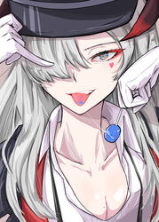  absurdres black_horns blue_archive breasts candy cleavage collarbone demon_horns eyeliner female food gloves gradient_horns grey_eyes grey_hair hair_over_one_eye hat heart highres horns lollipop long_bangs makeup makoto_(blue_archive) mole mole_on_breast multicolored_horns oerba_yun_fang peaked_cap poolpool saliva saliva_trail solo tongue tongue_out upper_body white_gloves 