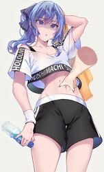  anger_vein black_shorts black_sports_bra blue_hair blue_nails bottle breasts cameltoe character_name clothes_writing commentary_request crop_top cropped_shirt disembodied_hand earrings female glaring grabbing_another&#039;s_stomach hair_ribbon high_side_ponytail holding holding_bottle hololive hololive_dance_practice_uniform hoshimachi_suisei jewelry medium_hair meme midriff navel no_pupils official_alternate_costume omoti_(1201208) open_mouth partially_shaded_face ribbon shirt short_sleeves shorts simple_background small_breasts solo sports_bra sports_bra_peek star_(symbol) star_earrings sweat t-shirt towel virtual_youtuber water_bottle white_shirt white_wristband workout_clothes 