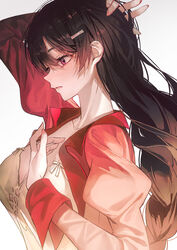  andi_1021 arm_behind_head arm_up black_hair blush breasts camisole cleavage closed_mouth collared_shirt commentary female from_side hair_ornament hairclip hanekawa_tsubasa juliet_sleeves large_breasts long_hair long_sleeves looking_down low-braided_long_hair low-tied_long_hair monogatari_(series) naoetsu_high_school_uniform open_clothes open_shirt pink_lips pink_shirt puffy_sleeves purple_eyes school_uniform shirt simple_background solo upper_body white_background white_camisole 