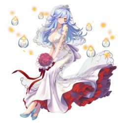  amulet aqua_eyebrows aqua_footwear aqua_hair aqua_pendant artist_request blush bouquet breasts candle cleavage covered_navel dress eloise_(final_gear) facial_mark female final_gear fire floral_print_dress full_body hair_over_one_eye head_tilt high_heels highres holding holding_bouquet jewelry lace-trimmed_veil lace_trim looking_to_the_side necklace no_socks official_art open_mouth pendant red_ribbon ribbon see-through see-through_veil simple_background solo strapless strapless_dress tachi-e teeth third-party_source transparent_background veil white_dress white_tiara white_veil yellow_eyes 