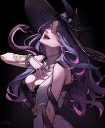  :d bare_shoulders black_background black_bra black_hat bra bracelet breasts chui_art cleavage commentary fangs female hat highres honkai:_star_rail honkai_(series) jade_(honkai:_star_rail) jewelry long_hair looking_at_viewer nail_polish necklace open_mouth purple_eyes purple_hair purple_nails simple_background smile snake solo underwear upper_body very_long_hair white_background 