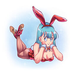  amachu_a animal_ears aqua_hair blue_eyes bow bowtie breasts brown_pantyhose bulma_briefs cleavage commentary detached_sleeves dragon_ball dragon_ball_(classic) english_commentary fake_animal_ears fake_tail female full_body hairband head_rest highres leotard lying medium_breasts on_stomach pantyhose playboy_bunny rabbit_ears rabbit_tail red_bow red_bowtie red_hairband red_leotard smile solo sparkle strapless strapless_leotard tail the_pose traditional_bowtie wrist_cuffs 