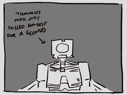  ambiguous_gender arrow_sign black_text border comic_panel english_text grey_background grey_border greyscale humanoid machine monochrome new_blood_interactive robot robot_humanoid scared simple_background solo text thousand_yard_stare ultrakill v1_(ultrakill) volatilemask 