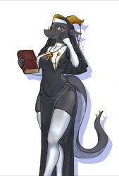  ass black_bars black_body breasts clothing dragon ear_chain ear_piercing ear_ring female hi_res legwear letterbox looking_at_viewer mythological_creature mythological_scalie mythology nun piercing ring_piercing scalie solo stockings tail whitebird447 