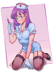  amachu_a artist_name blue_eyes breasts brown_thighhighs bulma_briefs collared_dress commentary dragon_ball dragon_ball_(classic) dress english_commentary female full_body garter_straps gloves hat highres holding holding_syringe medium_breasts nurse nurse_cap purple_hair seiza short_dress sitting solo syringe thighhighs tilted_headwear white_dress white_gloves 