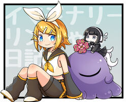  2girls belt black_hair black_sailor_collar black_serafuku black_shirt black_shorts black_skirt blonde_hair blue_background blue_eyes blush border borrowed_character bow bow_hairband closed_mouth commentary creature cropped_shirt detached_sleeves flower grey_eyes hairband headphones kagamine_rin knees_up leg_warmers looking_at_another looking_back midriff monster_girl mouth_hold multiple_girls neckerchief nene_nene on_head one-eyed original outside_border plant_girl pleated_skirt red_flower sailor_collar school_uniform serafuku shirt shoes short_hair shorts skirt sleeping sleeveless sleeveless_shirt smile swept_bangs tentacle_legs text_background utau vocaloid white_border white_bow white_neckerchief white_shirt yellow_belt yellow_neckerchief yorutamagame 