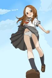  absurdres aki_(yunkana) black_sailor_collar black_socks blush brown_eyes brown_hair commission female from_below full_body highres karakai_jouzu_no_takagi-san loafers long_hair looking_at_viewer navel neckerchief open_mouth panties pantyshot pixiv_commission pleated_skirt red_neckerchief sailor_collar school_uniform serafuku shirt shoes skirt smile socks solo takagi-san underwear white_panties white_shirt 