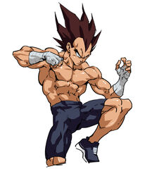  1boy abs amachu_a bandaged_arm bandages black_shorts brown_hair commentary cropped_legs dragon_ball dragon_ball_z fighting_stance furrowed_brow hashtag-only_commentary highres male_focus muay_thai muscular muscular_male serious shorts solo topless_male vegeta 