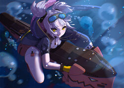  :d air_bubble azur_lane bare_shoulders black_jacket blonde_hair blue_jacket breasts bubble cleavage diving echo_(lowlow808) female from_above gloves goggles goggles_on_head hood hooded_jacket jacket leaning_forward leaning_on_object looking_at_viewer looking_up medium_hair oerba_yun_fang one-piece_swimsuit open_clothes open_jacket riding rigging slit_pupils small_breasts smile solo straddling submarine submerged swimsuit thighs twintails u-96_(azur_lane) watercraft white_one-piece_swimsuit yellow_eyes 