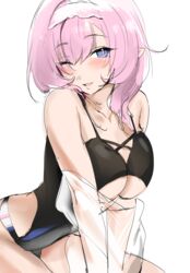  absurdres alternate_costume bare_shoulders black_one-piece_swimsuit blue_eyes blush breasts clothing_cutout collarbone elf elysia_(honkai_impact) elysia_(miss_pink_elf)_(honkai_impact) elysia_(summer_miss_elf)_(honkai_impact) female hair_between_eyes headband highres honkai_(series) honkai_impact_3rd large_breasts long_hair one-piece_swimsuit one_eye_closed open_mouth pink_hair pink_pupils pointy_ears saki_(remainaddd) see-through see-through_sleeves side_cutout smile swimsuit underboob white_background white_headband 