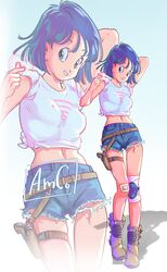  absurdres amachu_a arm_behind_head bandaid bandaid_on_knee bandaid_on_leg blue_eyes blue_hair blue_shorts boots breasts bulma_briefs commentary covered_nipples dragon_ball dragon_ball_(classic) female finger_heart gun handgun highres holster holstered knee_pads medium_breasts midriff navel shirt short_hair short_shorts shorts single_knee_pad smile solo t-shirt thigh_holster tied_shirt torn_clothes torn_shorts weapon zoom_layer 