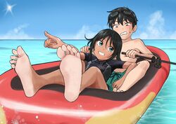  1boy aqua_eyes barefoot black_hair blue_sky blush dark-skinned_female dark_skin day feet feet_up female flat_chest foot_focus goggles goggles_on_head grin hair_between_eyes hand_up inflatable_raft inu_chikushou itoko_no_ko leaning_back legs light-skinned_soles looking_at_another medium_hair ocean outdoors pointing rowing short_hair sky smile soles swimsuit teeth toes 