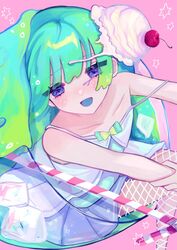  1other aqua_hair arm_grab bare_arms bare_shoulders bendy_straw blue_skirt blunt_bangs blush bow cherry collarbone dress drinking_straw feet_out_of_frame female fishnet_pantyhose fishnets food from_above fruit grabbing_another&#039;s_arm gradient_hair green_bow green_hair highres ice_cream long_hair looking_at_viewer multicolored_hair open_mouth original pantyhose pink_background purple_eyes shizumu_(shi_zumu) sitting skirt slime_(substance) smile solo_focus star_(symbol) strap_slip white_dress 