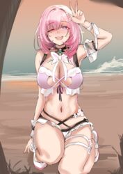  absurdres alternate_costume armpits bare_shoulders beach bikini black_choker blue_eyes blush bow bowtie breasts bridal_garter choker cleavage elf elysia_(honkai_impact) elysia_(miss_pink_elf)_(honkai_impact) elysia_(summer_miss_elf)_(honkai_impact) female hair_between_eyes hands_up highres honkai_(series) honkai_impact_3rd large_breasts legs looking_at_viewer midriff navel pink_hair pink_pupils pink_top pointy_ears saki_(remainaddd) salute smile swimsuit teeth two-finger_salute upper_teeth_only white_bow white_bowtie white_footwear 