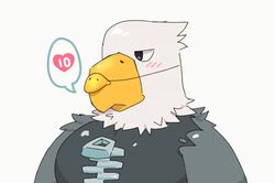  accipitrid accipitriform animal_crossing anthro apollo_(animal_crossing) avian bald_eagle barazoku beak bird black_eyes blush close-up clothed clothing eagle fake_beak feathers half-closed_eyes heart_symbol hollowpup male manly narrowed_eyes nintendo pecs portrait sea_eagle shirt solo topwear zipper 