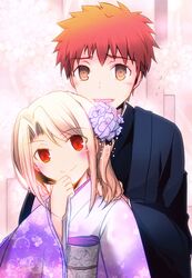  1boy brown_eyes commentary_request emiya_shirou fate/stay_night fate_(series) female illyasviel_von_einzbern japanese_clothes kimono long_hair minafuni red_eyes red_hair white_hair 