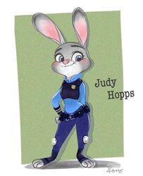  anthro biped blush character_name clothing disney english_text european_rabbit female fur grey_body grey_fur happy hi_res judy_hopps kaho lagomorph leporid long_ears looking_at_viewer mammal oryctolagus police police_uniform purple_eyes rabbit smile solo standing text uniform zootopia 