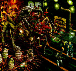  2boys alien armor bandana battle bill_rizer black_hair blonde_hair blood claws commentary_request contra damaged egg energy_gun fangs firing flamethrower gun highres injury kimkoh laboratory lance_bean machine_gun military military_uniform monster multiple_boys muscular muscular_male realistic science_fiction slime_(substance) soldier spoilers teeth tentacle toitoy uniform video_game weapon 