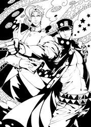  2boys chains chinese_commentary commentary_request dkaki gakuran greyscale hat hierophant_green jojo_no_kimyou_na_bouken kakyoin_noriaki kujo_jotaro male_focus monochrome multiple_boys school_uniform stand_(jojo) stardust_crusaders 