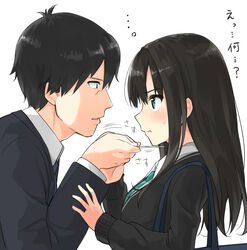  1boy black_hair blush business_card cardigan commentary_request eye_contact female formal from_side green_eyes idolmaster idolmaster_cinderella_girls long_hair looking_at_another max_melon necktie open_mouth producer_(idolmaster) producer_(idolmaster_cinderella_girls_anime) profile school_uniform shibuya_rin short_hair suit sweat translated 