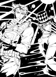  2boys bread caesar_anthonio_zeppeli chinese_commentary commentary_request dkaki food greyscale hat jojo_no_kimyou_na_bouken joseph_joestar joseph_joestar_(young) monochrome multiple_boys top_hat 