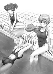  3girls alisa_(girls_und_panzer) alternate_hairstyle ass breasts commentary_request competition_swimsuit crossed_legs diving_block drain_(object) drinking floating freckles girls_und_panzer goggles greyscale groin_tendon hair_up holding_feet kay_(girls_und_panzer) kickboard medium_breasts monochrome multiple_girls naomi_(girls_und_panzer) object_in_clothes object_in_swimsuit one-piece_swimsuit pool poolside protected_link short_hair sideboob solokov_(okb-999) swimsuit tile_floor tiles unworn_goggles unworn_swim_cap very_short_hair 