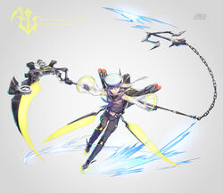  1boy absurdres anchor artist_name canata_katana chains commentary_request detached_sleeves glowing green_eyes hat highres huge_weapon looking_at_viewer male_focus mecha mecha_danshi midriff original pants robot sailor_collar scythe see-through simple_background solo standing tachi-e weapon white_hair wide_sleeves 