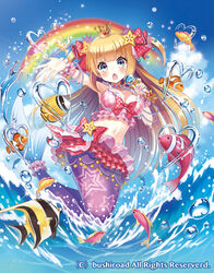  blonde_hair blush bow bracelet breasts butterflyfish cardfight!!_vanguard cleavage clownfish commentary_request company_name crown damselfish day female fish green_eyes heart jewelry long_hair madopen medium_breasts mermaid microphone midriff monster_girl moorish_idol navel necklace official_art open_mouth photoshop_(medium) rainbow sky solo splash_daughter_rachel star_(symbol) tropical_fish two_side_up water 