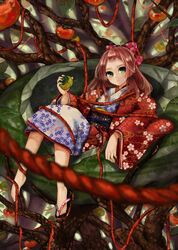  barefoot blurry brown_hair commentary_request darkness_in_wonderland depth_of_field female food fruit fruit_tree green_eyes hair_ribbon in_tree japanese_clothes kimono long_hair looking_at_viewer obi persimmon pisuke revision ribbon rope sandals sash shoes single_shoe sitting solo string tree uriko-hime uriko-hime_to_amanojaku 