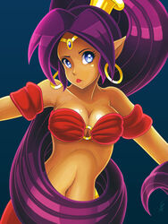  arabian_clothes bandeau bare_shoulders big_hair blue_eyes breasts cleavage commentary_request dark-skinned_female dark_skin detached_sleeves earrings female forehead_jewel hair_tubes harem_pants highres hoop_earrings jewelry lipstick long_hair louis_lloyd-judson makeup medium_breasts midriff navel o-ring o-ring_top pants pointy_ears ponytail purple_hair see-through shantae shantae_(series) shiny_skin simple_background solo tiara very_long_hair 