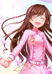  ^_^ belt blush braid breasts brown_hair buttons chains cherry_blossoms closed_eyes commentary double-breasted facing_viewer falling_petals female floating_hair hair_intakes highres holding_hands idol idolmaster idolmaster_cinderella_girls jacket jirofly kira!_mankai_smile_(idolmaster) long_hair long_sleeves open_mouth out_of_frame petals pink_jacket pleated_skirt ribbon shimamura_uzuki sidelocks skirt small_breasts smile solo_focus stage standing swept_bangs tears twin_braids very_long_hair white_belt white_skirt wind yellow_ribbon 