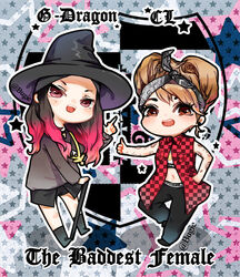  1boy 2ne1 animification arm_tattoo bad_id bad_pixiv_id bigbang black_footwear black_hairband black_headwear black_pants boots bugie chains character_name checkered_clothes checkered_shirt chibi cl_(rapper) collared_shirt company_connection crop_top female finger_gun g-dragon gold_chain hairband hat k-pop midriff mole mole_under_eye navel pants pink_eyes pink_hair real_life red_shirt shirt sleeveless sleeveless_shirt smile song_name star_(symbol) sweatpants tattoo the_baddest_female thumbs_up twitter_username updo witch_hat yg_entertainment 