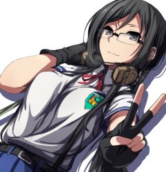  black_hair breasts commentary_request dutch_angle female fingerless_gloves glasses gloves grey_eyes headphones headphones_around_neck long_hair looking_at_viewer medium_breasts nagioka rick_g_earth sabae_shizuka school_uniform simple_background solo v white_background 