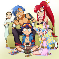  2girls 3boys blue_eyes blue_hair brown_hair casual commentary_request couch cross-shaped_pupils full_body handheld_game_console ikamusume kamina_(ttgl) long_hair multicolored_hair multiple_boys multiple_girls nia_teppelin playstation_portable ponytail red_eyes red_hair rossiu_adai shinryaku!_ikamusume simon_(ttgl) smile supinosu symbol-shaped_pupils tengen_toppa_gurren_lagann two-tone_hair yellow_eyes yoko_littner 