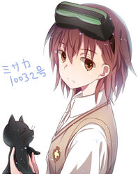  animal black_cat brown_eyes brown_hair brown_sweater_vest character_name commentary_request emblem feline female from_side head-mounted_display holding holding_animal holding_cat light_particles medium_hair misaka_imouto misaka_imouto_10032 misaka_imouto_10032&#039;s_cat saya_(ccmkk54) school_emblem school_uniform serious solo summer_uniform sweater_vest toaru_kagaku_no_railgun toaru_kagaku_no_railgun_s toaru_majutsu_no_index tokiwadai_school_uniform upper_body white_background 