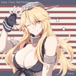  bad_id bad_twitter_id blonde_hair breasts cleavage female fingerless_gloves gloves headgear iowa_(kancolle) kantai_collection large_breasts long_hair manaka_(gunjooou) one_eye_closed smile solo star-shaped_pupils star_(symbol) symbol-shaped_pupils 