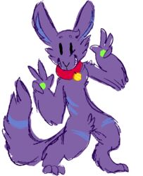  4_fingers action_pose alpha_channel ambiguous_gender canid canine collar digitigrade fingers fluffy fur gallil gallil_(character) green_paws lagomorph mammal monster pose purple_body purple_fur solo standing stripes translucent vertical_bar_eyes 