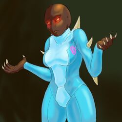  1:1 doom_(series) female gesture glowing glowing_eyes hi_res id_software imp_(doom) looking_at_viewer metroid microsoft nintendo not_furry oniontrain red_eyes shrug solo zero_suit 