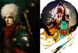  1boy bastion collage commentary company_connection english_commentary female lips muju nose photoshop_(medium) realistic red_(transistor) red_hair supergiant_games the_kid_(bastion) the_transistor transistor_(game) unfinished white_hair 