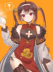  ? after_suko azur_lane baozi breast_cutout brown_hair china_dress chinese_clothes commentary_request cross_cutout dress female flat_chest food hairband panties ping_hai_(azur_lane) ping_hai_(retrofit)_(azur_lane) red_eyes side-tie_panties solo string_panties twintails underwear 