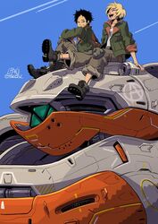  2boys aston_altland black_hair blonde_hair blue_sky boots cargo_pants closed_eyes commentary_request day green_eyes gundam gundam_tekketsu_no_orphans gyoubu_ippei jacket landman_rodi looking_at_another male_focus mecha multiple_boys official_art open_mouth pants robot scar sitting sky sleeves_rolled_up smile takaki_uno teeth 