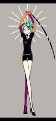  1other androgynous commentary_request dripping expressionless full_body gem_uniform_(houseki_no_kuni) golden_arms green_eyes green_hair grey_background highres houseki_no_kuni letterboxed lonom looking_at_viewer necktie other_focus phosphophyllite short_hair solo sparkle spoilers sword weapon 