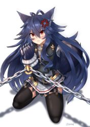  alternate_costume anger_vein animal_ears animal_hands black_thighhighs blue_hair bondage bondage bound chained chained_wrists chains commentary female fenrir_(shingeki_no_bahamut) garter_straps granblue_fantasy hair_between_eyes highres jacket kuronekozero long_hair long_sleeves looking_at_viewer oerba_yun_fang pleated_skirt red_eyes restrained shingeki_no_bahamut simple_background skirt solo symbol-only_commentary tail thighhighs very_long_hair white_background wolf_ears wolf_tail 