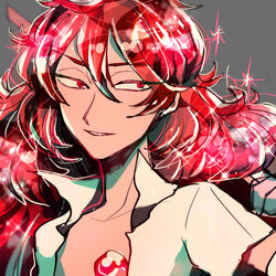  1other androgynous colored_eyelashes commentary_request gem highres houseki_no_kuni long_hair lonom open_clothes open_shirt other_focus padparadscha_(houseki_no_kuni) red_eyes red_hair smile solo sparkle upper_body 