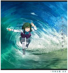  ;d bad_id bad_twitter_id bent_over blouse boots bow breaking_wave brown_eyes character_name commentary dress female foaming_waves green_hair hand_up kantai_collection kitsuneno_denpachi long_sleeves looking_away looking_to_the_side meme ocean one_eye_closed open_mouth outstretched_arm pantyhose pinafore_dress rigging school_uniform shirt sleeveless sleeveless_dress smile solo takanami_(kancolle) translated water waterskiing_(meme) waves white_shirt 