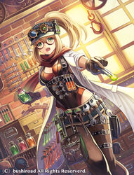  awl belt blonde_hair bottle breasts brick_wall brown-framed_eyewear brown_gloves cardfight!!_vanguard cleavage coat coat_stash commentary_request company_name dutch_angle female flask foreshortening glasses gloves goggles goggles_on_headwear green_eyes hat high_ponytail highleg highleg_leotard hook indoors lab_coat leotard long_hair looking_at_viewer madopen medium_breasts official_art open_clothes open_coat open_mouth outstretched_arm pants photoshop_(medium) ponytail pouch scarf solo steam_doctor_enja steampunk thigh_strap tool_belt tools vial watermark window workshop wrench 