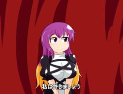  blonde_hair breasts breasts_squeezed_together commentary curtains dress female gradient_hair hijiri_byakuren jesus_revenge_(meme) large_breasts long_hair looking_afar manorea meme multicolored_hair parody purple_eyes purple_hair smile solo stupid_movie_sequels touhou translated v_arms very_long_hair 