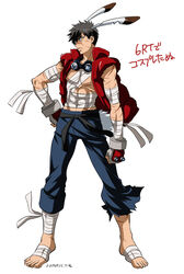  1boy animal_ears bandaged_arm bandaged_foot bandaged_leg bandages black_hair chest_sarashi commentary_request cosplay dated denim doudanuki_masakuni fingerless_gloves full_body gloves goggles goggles_around_neck jeans king_kazma king_kazma_(cosplay) looking_at_viewer male_focus midriff_sarashi pants photoshop_(medium) rabbit_ears sarashi scar simple_background solo summer_wars touken_ranbu translation_request vest wauwa white_background yellow_eyes 