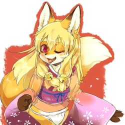  animal_ears bad_id bad_twitter_id bell blonde_hair borrowed_character fangs female fox_ears fox_girl fox_tail fundoshi furry furry_female hair_ornament highres japanese_clothes jingle_bell kimono koko_(kishibe) long_hair no_pants one_eye_closed open_mouth original red_eyes short_kimono short_yukata smile solo tail xxxkuroraxxx yukata 